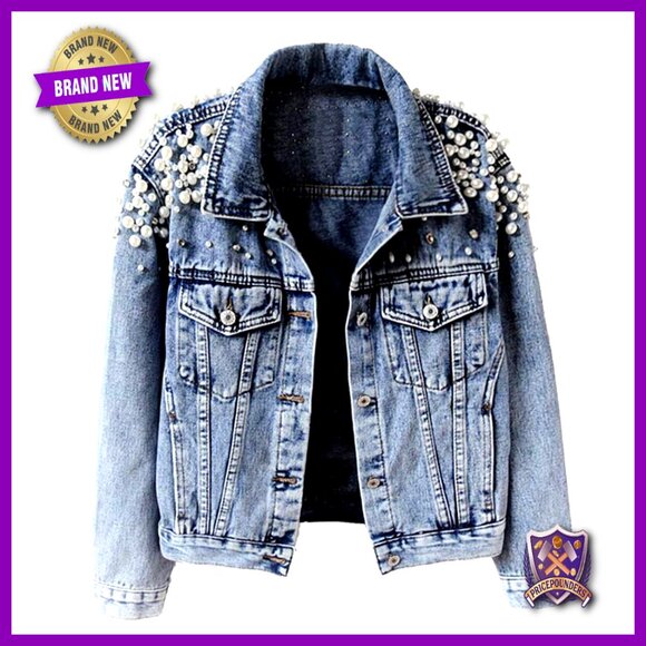 Oversized Denim Jacket Rhinestone Pearl Embroidered Y2K Streetwear Chic